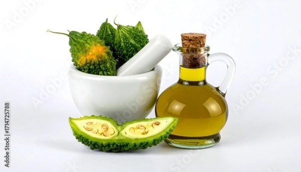 Fototapeta Fresh bitter melon slices and oil in a mortar and pestle on a white background.