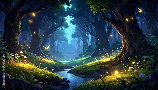 Fototapeta A mystical, glowing forest at night, filled with glowing flowers, fireflies, and butterflies, showcases a serene and enchanting scene.