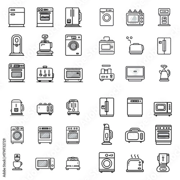 Fototapeta outline vector icon set of 9 home appliance designs, thin black lines, no fills, isolated on white