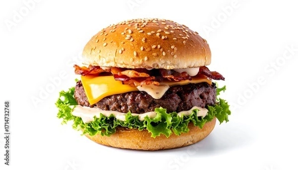 Fototapeta A delicious, savory bacon cheeseburger, presented in high-quality close-up, showcasing the juicy patty, crispy bacon, melted cheese, and fresh lettuce, set against a pure white background.