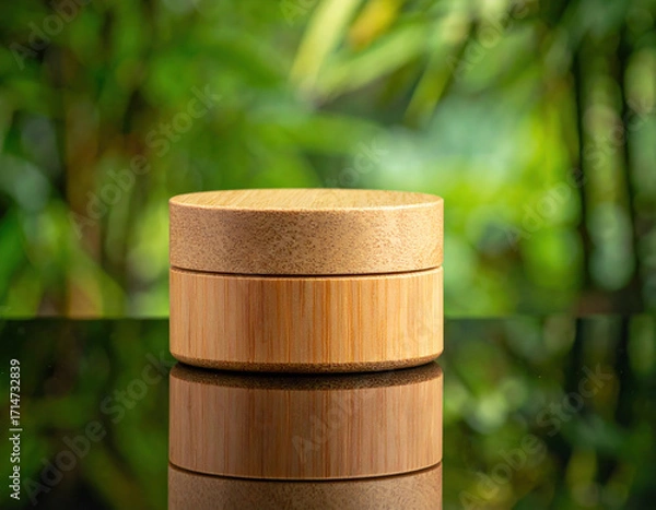 Fototapeta Bamboo container with lid on reflective surface surrounded by green blurred natural background, showcasing eco friendly packaging design