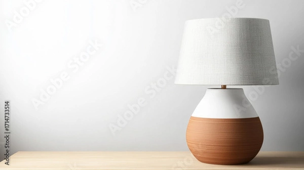 Fototapeta Modern ceramic table lamp with white fabric shade, wooden base, and soft shadows on light wooden surface, creating cozy and minimalist atmosphere in home interior