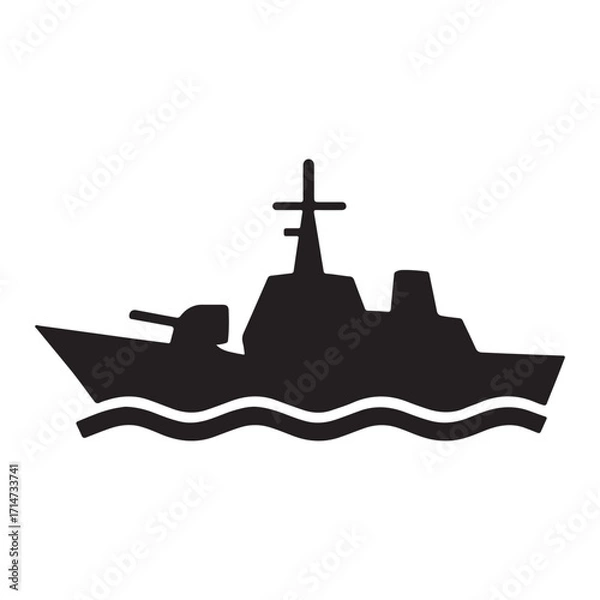 Fototapeta Vector art of silhouette of a warship sailing on the sea