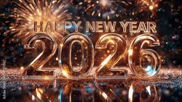 Fototapeta festive image of Happy New Year 2026 written in glowing starlight across a cosmic galaxy sky with planets, stars, and colorful nebula clouds.