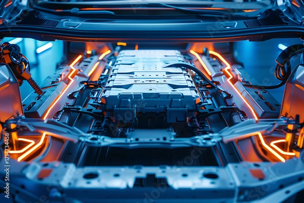 Fototapeta High-tech lithium battery module integrated in futuristic electric vehicle platform