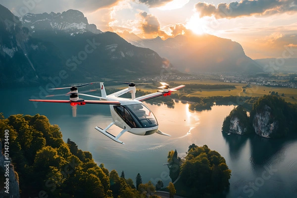 Fototapeta Luxurious eVTOL flight over mountains and lakes with tourists enjoying sunrise views