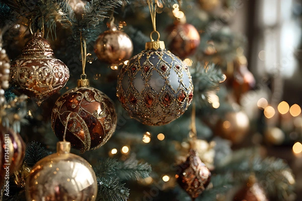 Fototapeta Shiny decorated Christmas tree with sparkling festive baubles