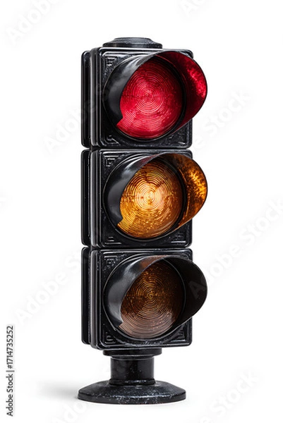 Fototapeta Studio shot of traffic light with vivid red signal isolated on white background