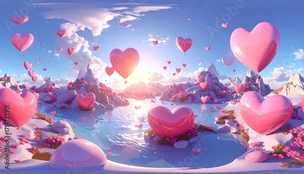 Fototapeta A serene, idyllic landscape, filled with floating heart-shaped balloons, bathed in the warm light of sunrise over a tranquil lake, dotted with pink flowers, against a backdrop of snow-capped...
