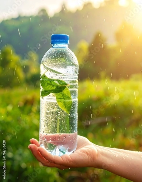 Fototapeta A refreshing plastic water bottle, filled with water and held in a hand, with lush greenery and rain drops in the background.