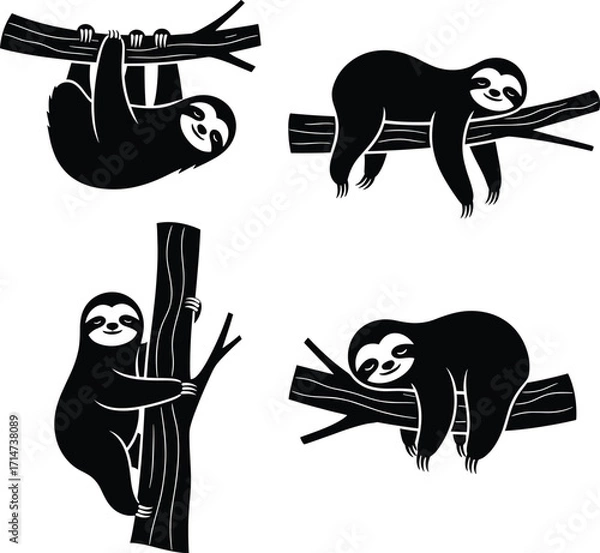 Fototapeta Sloth silhouette vector icon set. Cute lazy animal character collection hanging, sleeping, and climbing on a tree branch