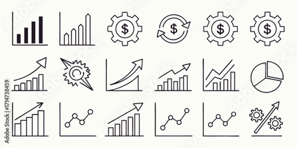 Obraz Collection of Hand Drawn Business Growth and Financial Icons with Charts and Gears Keywords: business, finance, growth, chart, graph, bar chart, line graph, pie chart, gear, cogwheel, dollar sign