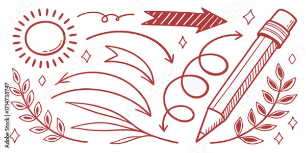 Obraz Red Hand Drawn Doodle Elements Sun Pencil Arrows Leaves and Stars on White Background vector illustration