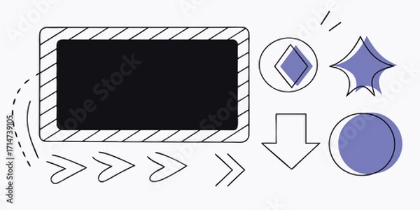 Obraz Collection of abstract graphic design elements including a black rectangle and purple shapes Keywords: abstract, graphic, design, elements, shapes, rectangle, black, purple, circle, diamond, star