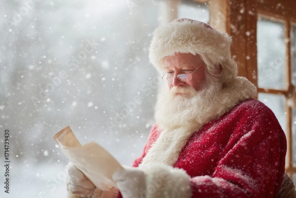 Obraz cheerful santa claus wearing stylish glasses is diligently reading his famous list in winter wonderland surrounded