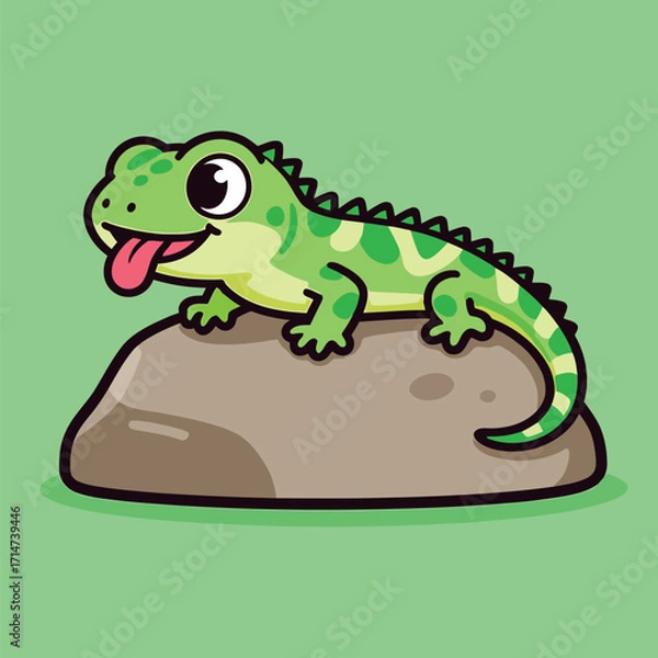 Fototapeta Cute Cartoon Lizard with a Big Smile and Tongue Sticking Out Lying on a Rock