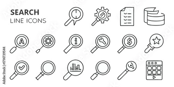 Obraz Comprehensive collection of search and internet line icons on a white background magnifying glass
