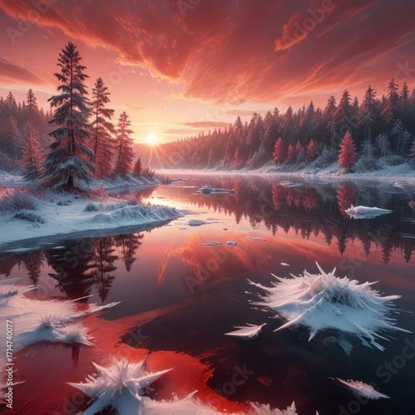 Fototapeta An illustrated winter scene with snow and frost and red sunset sunlight.