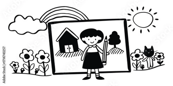 Obraz Black and white illustration of a girl holding a pencil in front of her drawing of a house, tree, and cat Keywords: illustration, drawing, childs drawing, pencil, girl, house, tree, cat, rainbow