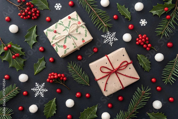 Fototapeta Festive Gift Arrangements: An overhead shot captures the allure of neatly wrapped gifts adorned with seasonal greenery, berries, and ornaments, invoking feelings of warmth and anticipation