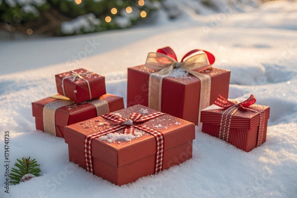 Fototapeta Gifts of Winter Wonder: A collection of vibrant red gift boxes, adorned with elegant ribbons, rests in a pristine, snow-covered setting, evoking a sense of warmth and festive anticipation.