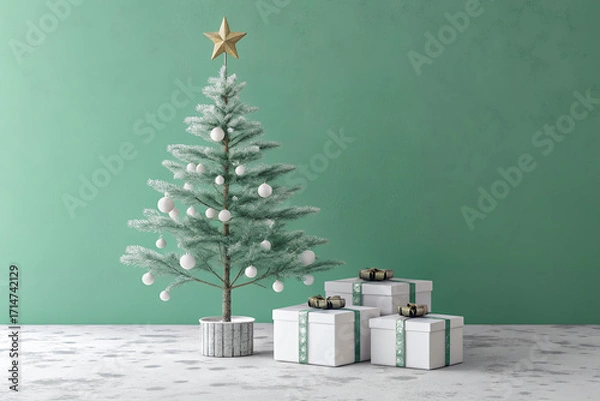 Fototapeta Festive Gift: An elegant Christmas tree adorned with classic decorations and topped with a golden star. Beneath it.