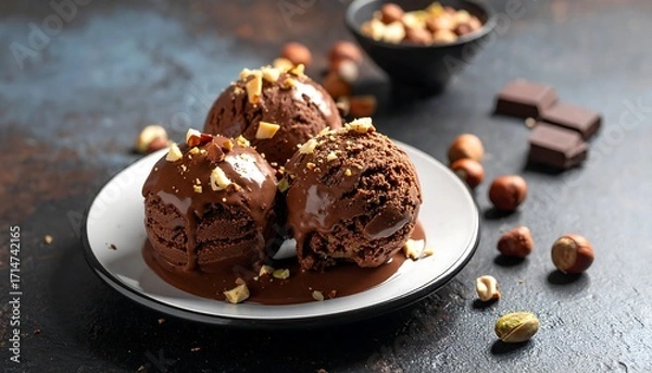 Fototapeta Chocolate hazelnut ice cream delight on a dark background