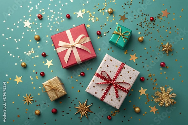 Fototapeta Gifts in Festive Elegance: A vibrant tableau of meticulously wrapped presents, adorned with ribbons, sparkles, and celestial accents, creating a captivating visual narrative.