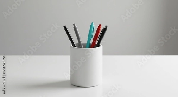 Obraz Bol�grafos coloridos descansan elegantemente en portaplumas blanco sobre mesa limpia luz suave. AI Generated