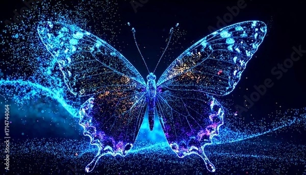 Fototapeta An ethereal butterfly, its wings glowing with blue and purple light, surrounded by sparkling particles against a dark background