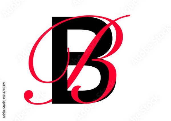 Fototapeta Capital letter with double typographic style, black sans serif font and red script font, letter B