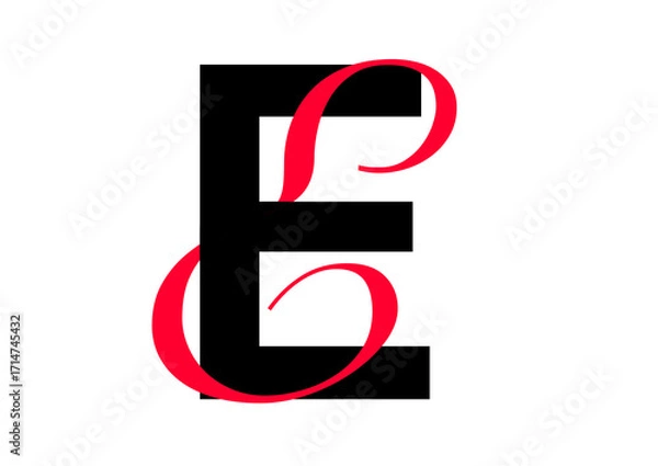 Fototapeta Capital letter with double typographic style, black sans serif font and red script font, letter E