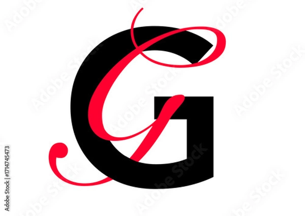 Fototapeta Capital letter with double typographic style, black sans serif font and red script font, letter G