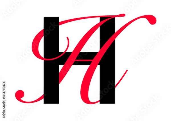Fototapeta Capital letter with double typographic style, black sans serif font and red script font, letter H