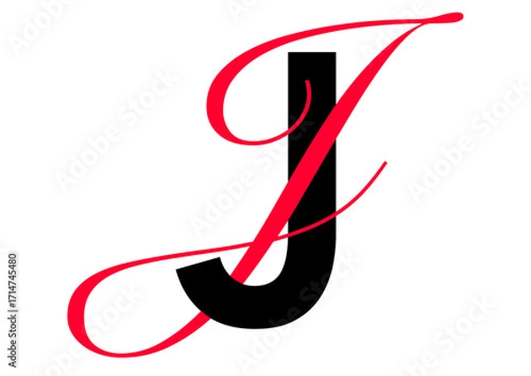 Fototapeta Capital letter with double typographic style, black sans serif font and red script font, letter J