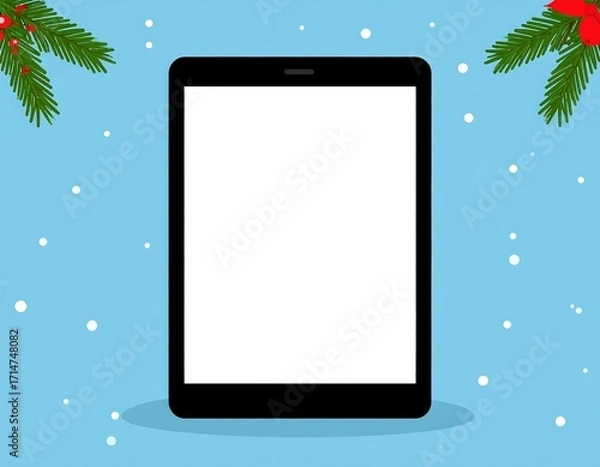 Fototapeta Tablet on blue background with winter decorations