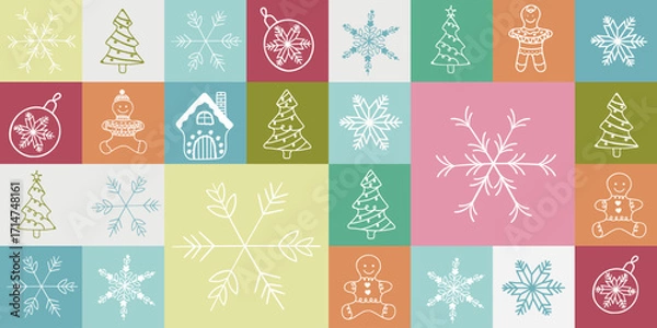 Fototapeta A vector geometric seamless pattern of pastel Christmas symbols: snowflakes, fir trees, baubles, gingerbread cookies, and houses. Festive design for cards, packaging, textiles, decor and wallpaper