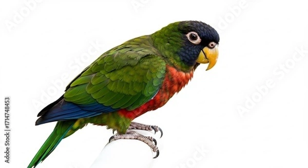 Obraz Loro verde brillante posa elegantemente sobre blanco luz natural intensa. AI Generated