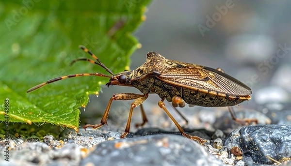 Fototapeta Close-up of a captivating insect on a leaf and stone