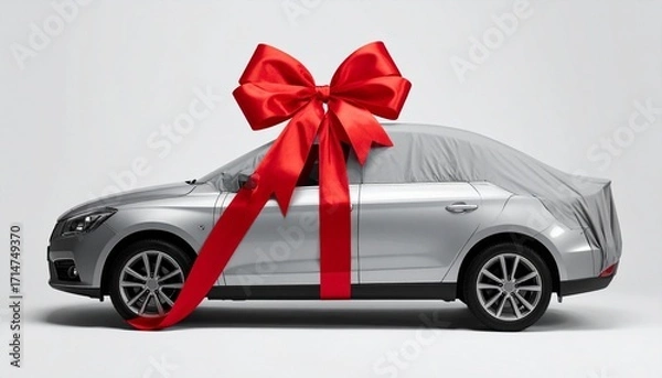Fototapeta Covered car with red ribbon and bow on gray cloth, symbolizing surprise and celebration.