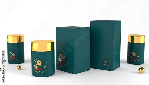 Fototapeta Teal containers and box with floral design