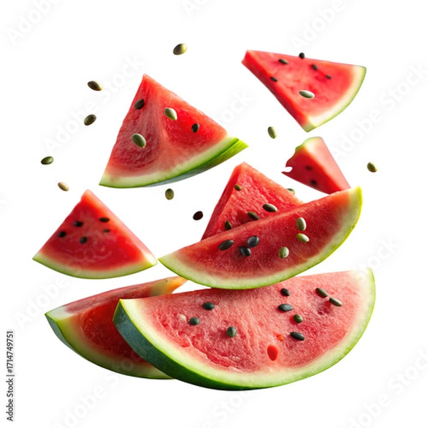 Fototapeta Watermelon Slices with Seeds Floating on Transparent Background Isolated on Black Backdrop