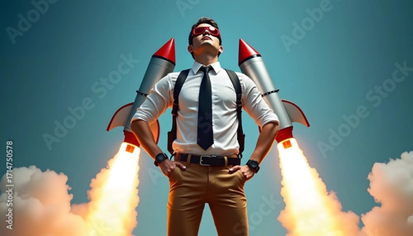 Fototapeta Businessman with jetpack soaring towards success