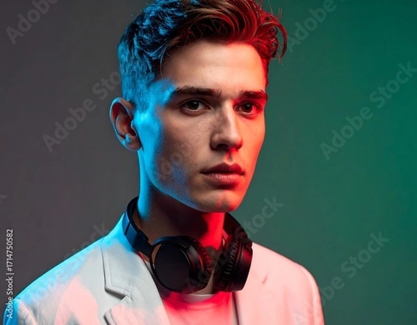 Fototapeta Close-up portrait of a young man, bathed in vibrant red and blue light, showcasing a stylish white jacket and headphones.