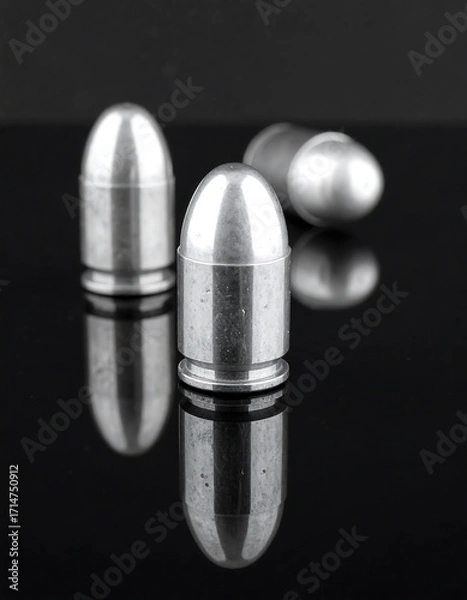 Fototapeta Three metallic bullets on black glass