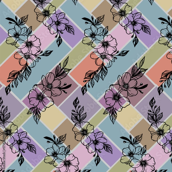 Fototapeta Multicolored tiles with floral decor.Vector seamless pattern with multicolored rectangles and outline flowers.