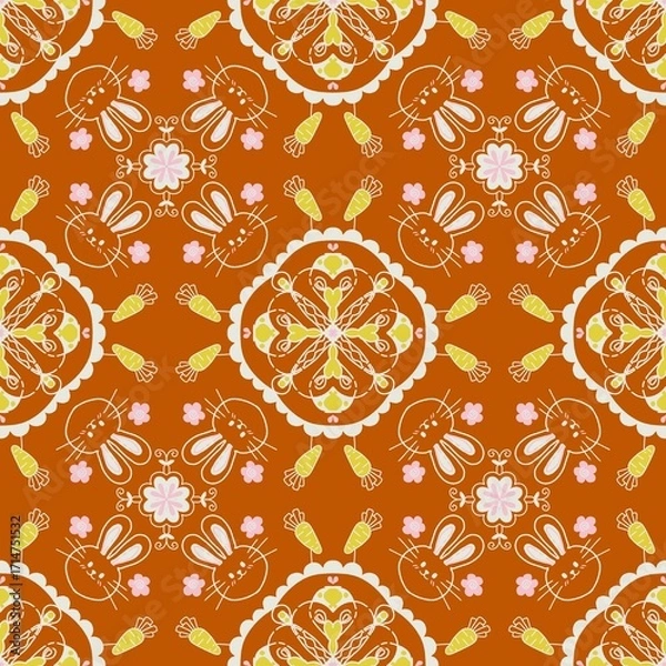 Fototapeta Cute Bunny and Carrot Seamless Pattern with Flowers Easter Spring Kids Design