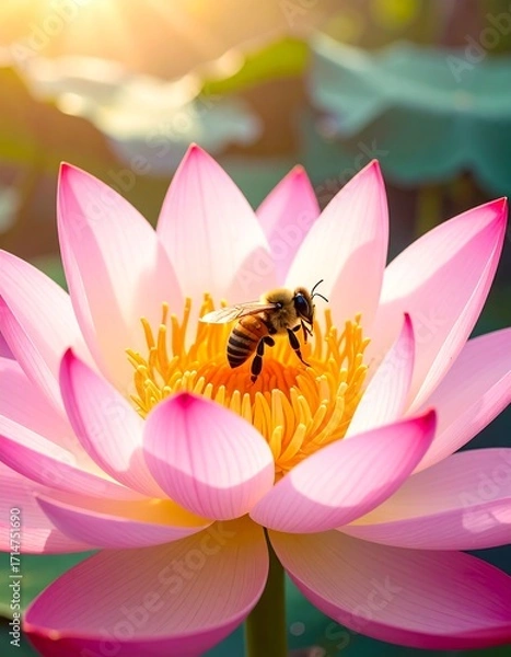 Fototapeta A honeybee rests on a delicate pink lotus flower, bathed in soft sunlight.