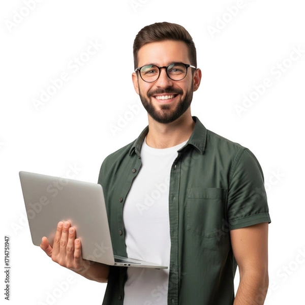 Obraz Smiling young man with beard and glasses holding a laptop computer presenting technology isolated on transparent background