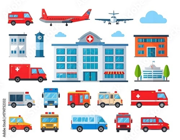 Fototapeta Collection of diverse flat design illustrations of various vehicles and buildings, including an ambulance, an airplane, and a hospital.